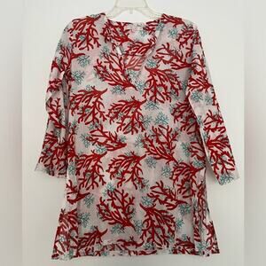 Barbara Gerwit White Red Blue Coral Pattern 3/4 Sleeve Tunic